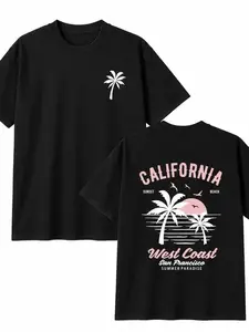 Soft Solid Cotton California Graphic T-Shirt, Palm Tree Print Loose Fit Unisex Summer Beach Casual Daily Tee deo merch good brown chris kai cenat funny men white