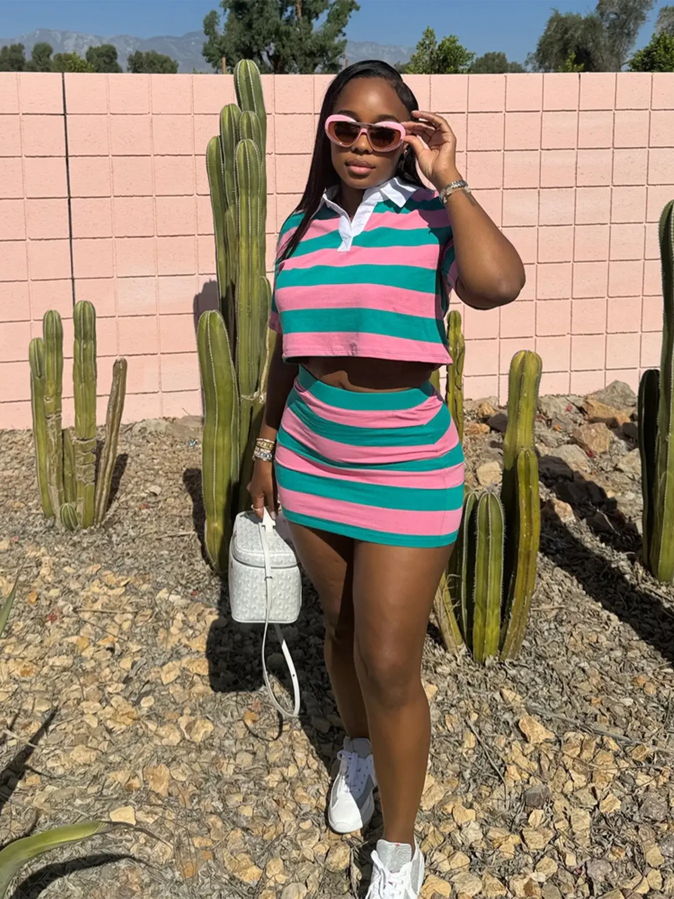 Fashionable women's summer skirt set, striped color-blocking short lapel top skirt that covers the buttocks, comfortable and casual, fashionable and versatile, women's skirt