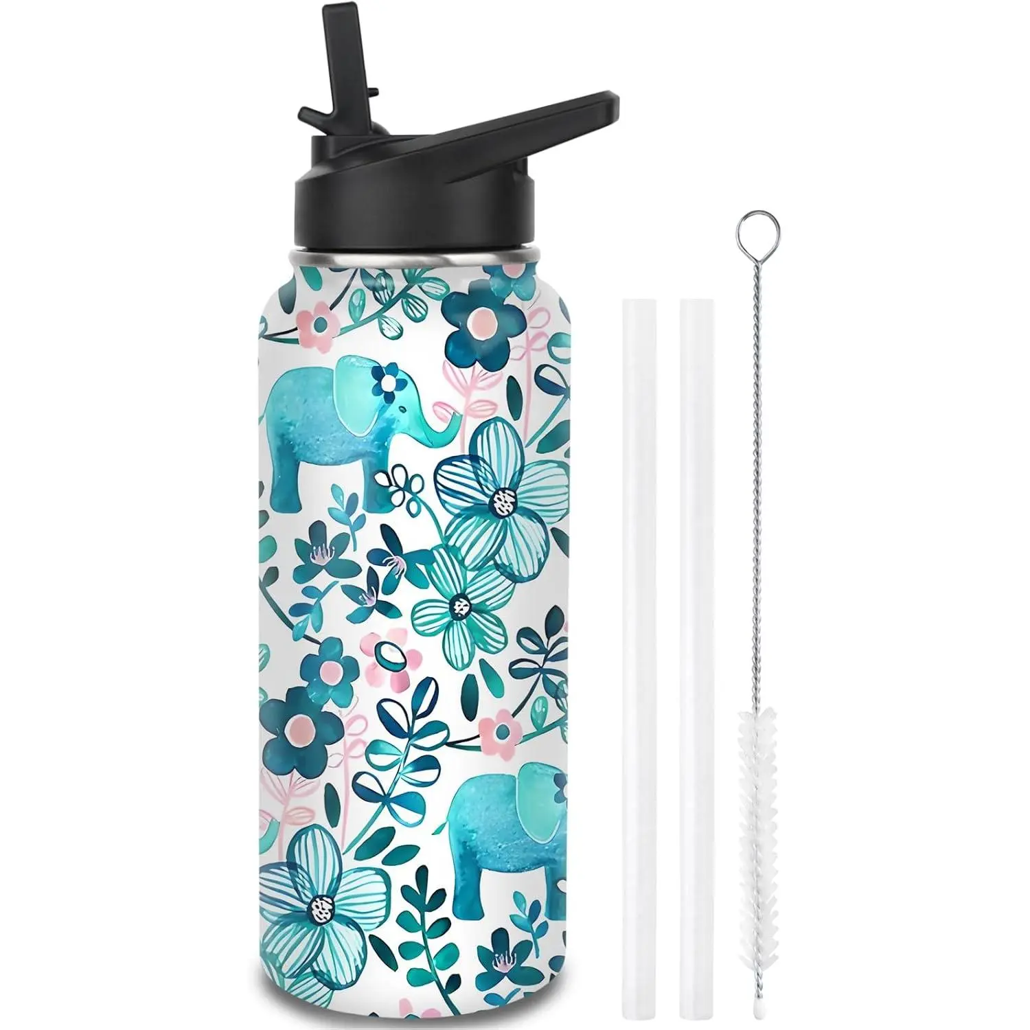 32 Oz Insulated Stainless Steel Elephant Water Bottle - Double Wall Vacuum Insulation, Leakproof Flip-Down Straw Lid, Portable Lightweight Tumbler with Loop, Coffee Holder, Ideal for Animal Lovers, Running (Kitchenware Drinkware), Beverage, Reusable, Than