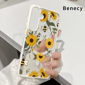 Magnetic Phone Case Compatible with Samsung Galaxy S23 Ultra S24 Plus S25 S22+ FE Sunflower Bee Symphony Transparent Acrylic Non Slip Pocket-Friendly Phone Cover Gift