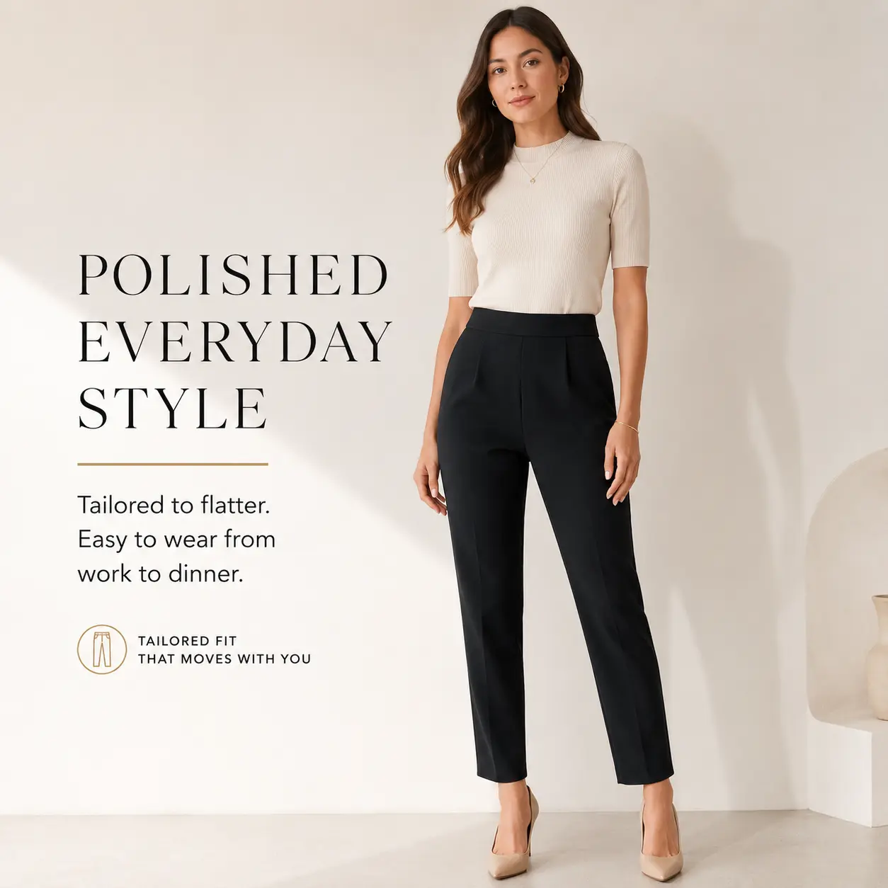 Women's High-Waist Pleated Tapered Ankle Pants - Solid Black, Elastic-Fit, Elegant Minimalist Basic Trousers, Womenswear Bottom for Office & Daily Wear Womenswear Bottom