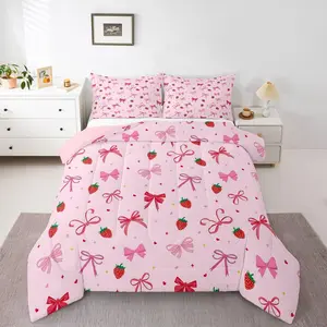 Pink Bow Kids Comforter Set Cute Strawberry Bedding Set Kawaii Bowknot Duvet Quilt for Kids Boys Girls Bedroom Princess Decor Decor Microfiber Ultra Soft Breathable
