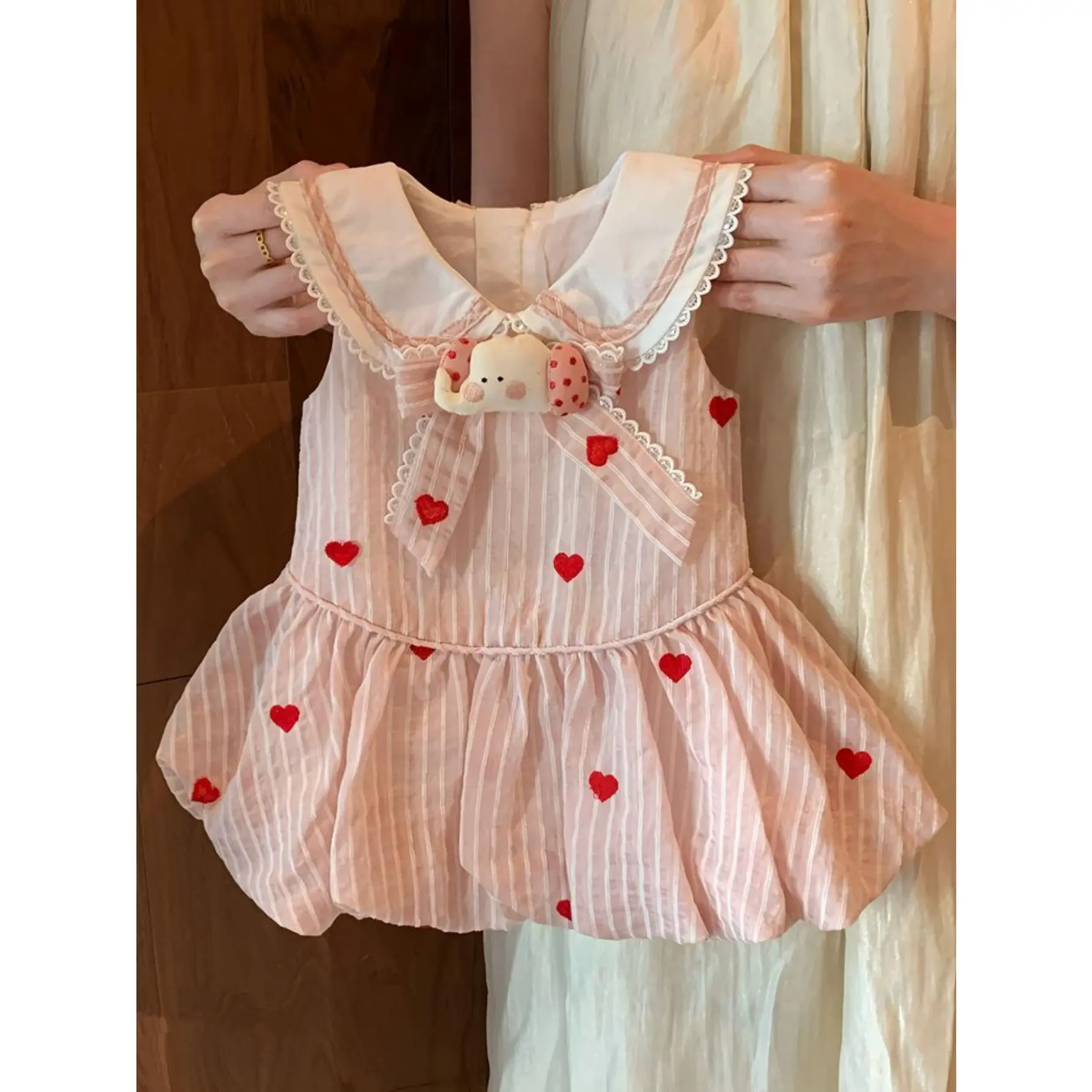 Girls' Summer Sleeveless Peter Pan Collar Dress with Puff Ball - Heart Print Striped Princess Tank Dress, Knee-Length Gown for Parties, Weddings & Casual Attire (No Belt, Non-Stretch) - TikTok Shop Girls' Summer Sleeveless Peter Pan Collar Dress with Puff Ball - Heart Print Striped Princess Tank Dress, Knee-Length Gown for Parties, Weddings & Casual Attire (No Belt, Non-Stretch) - TikTok Shop