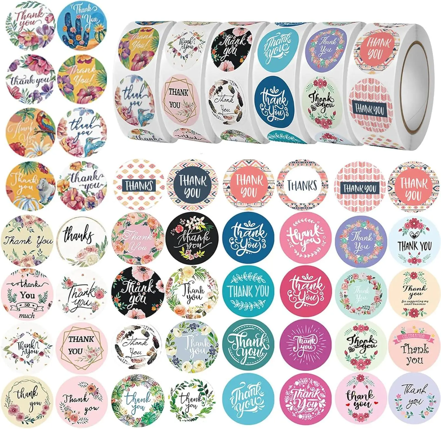 Floral Thank-You Sealing Labels, 6-Roll Pack 1in Stickers for Baking Packaging, Gift Bags - Ideal for Event Users