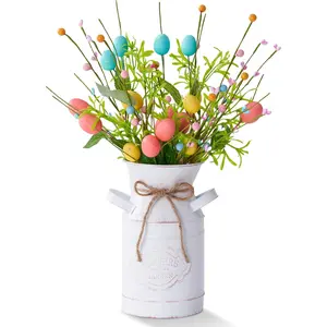 Spring Easter Centerpieces for Tables, Table Decor with Pastel Easter Eggs and Berries, White Vintage Metal Vase, Spring table centerpieces, 5 Pcs Easter D