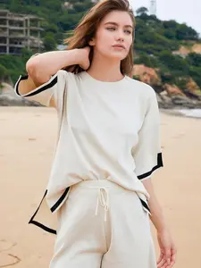 Ladies Casual 2 Piece Knit Outfit, Long Sleeve Knit Top & Wide Leg Shorts Matching Lounge Set for Summer Daily & Sports