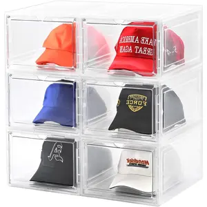 Hat Organizer Box,Stackable Clear Baseball Caps Holder Box Containers with  Door for Hats Snapback Cap Storage,Clear Hat Storage with  Door, Holds 60 Hats(clear, 6 pack)