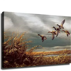 Hunting Flying Wild Ducks Poster Painting Canvas Wall Art Living Room Bedroom Decor Modern Oil Painting (Framed,16x24inch)