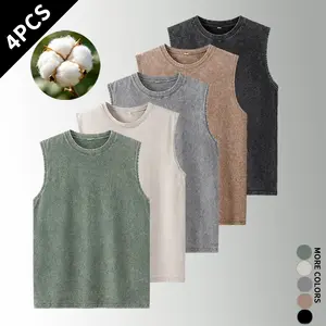 4 Pack Men’s Retro Mineral Wash Cotton Tank Tops – Casual Sleeveless Crew Neck Tees outdoorfun