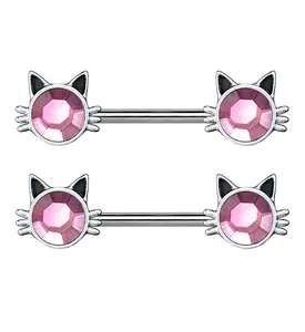 14G Pink CZ Kitty Nipple Ring Barbell