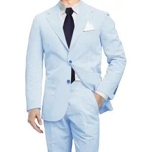 Men 2 Pieces Summer Seersucker Suits Beach Wedding Suits Grooms Slim Fit Striped Blazer