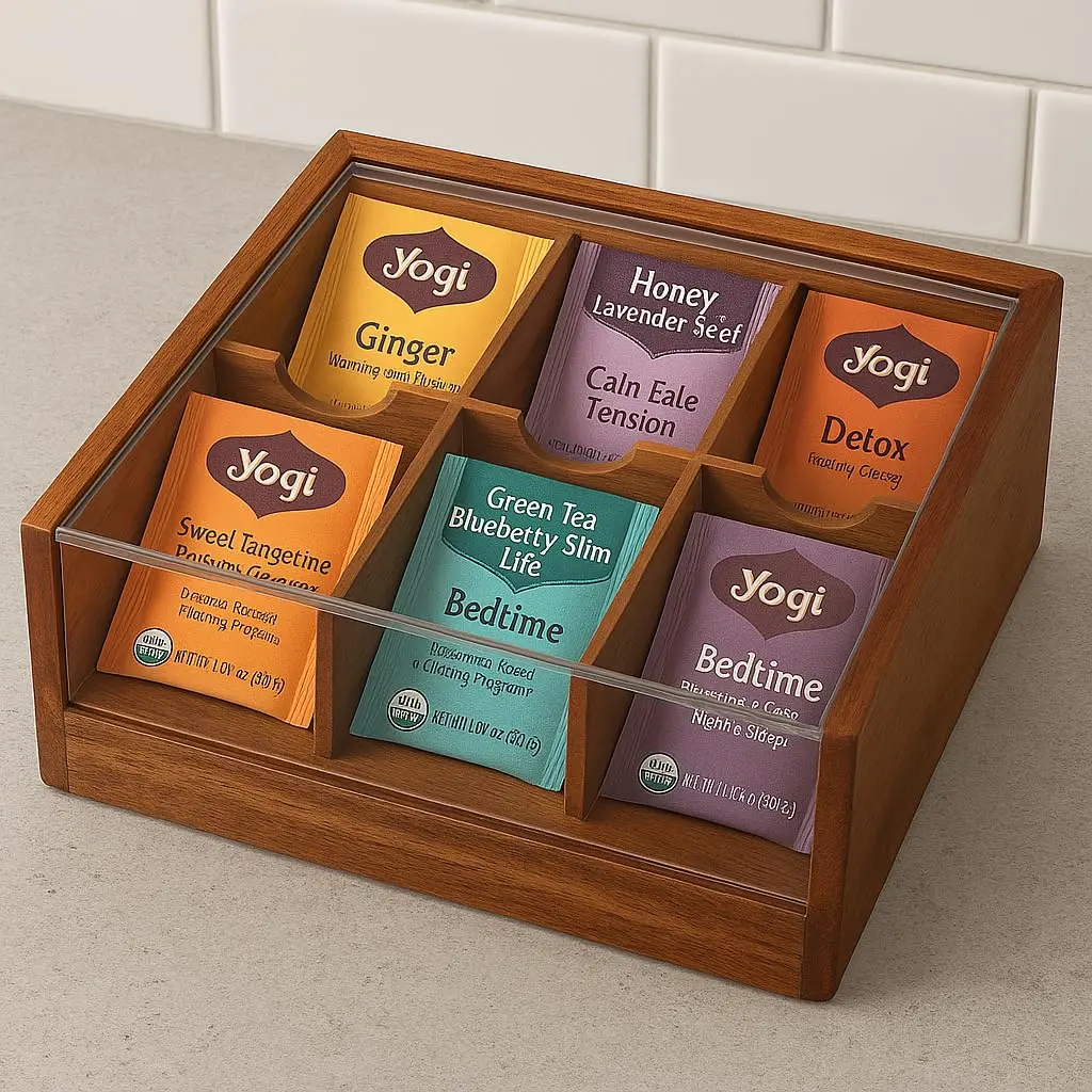 Acacia Wood Tea Bag Storage, 6 Compartments, Wooden Tea Box, Tea Organizer with Acrylic Transparent Hinge