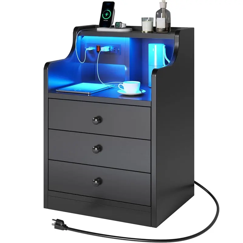 Sikaic LED Nightstand with Charging Station & Drawers