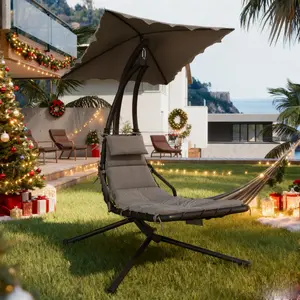 Grey Chaise Lounger Swing Chair with Umbrella Canopy, Patio Hanging Chaise Lounger Chair with Stand, Curved Steel Outdoor Lounge Chairs for Indoor Patio Pool Garden Backyard Porch