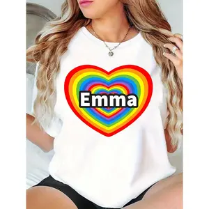 Women’s Rainbow Heart Personalized Name (Emma) T-Shirt – Pride Month Casual Graphic Tee, Custom Name Top for Daily & Party Wear 100% Cotton T-shirt