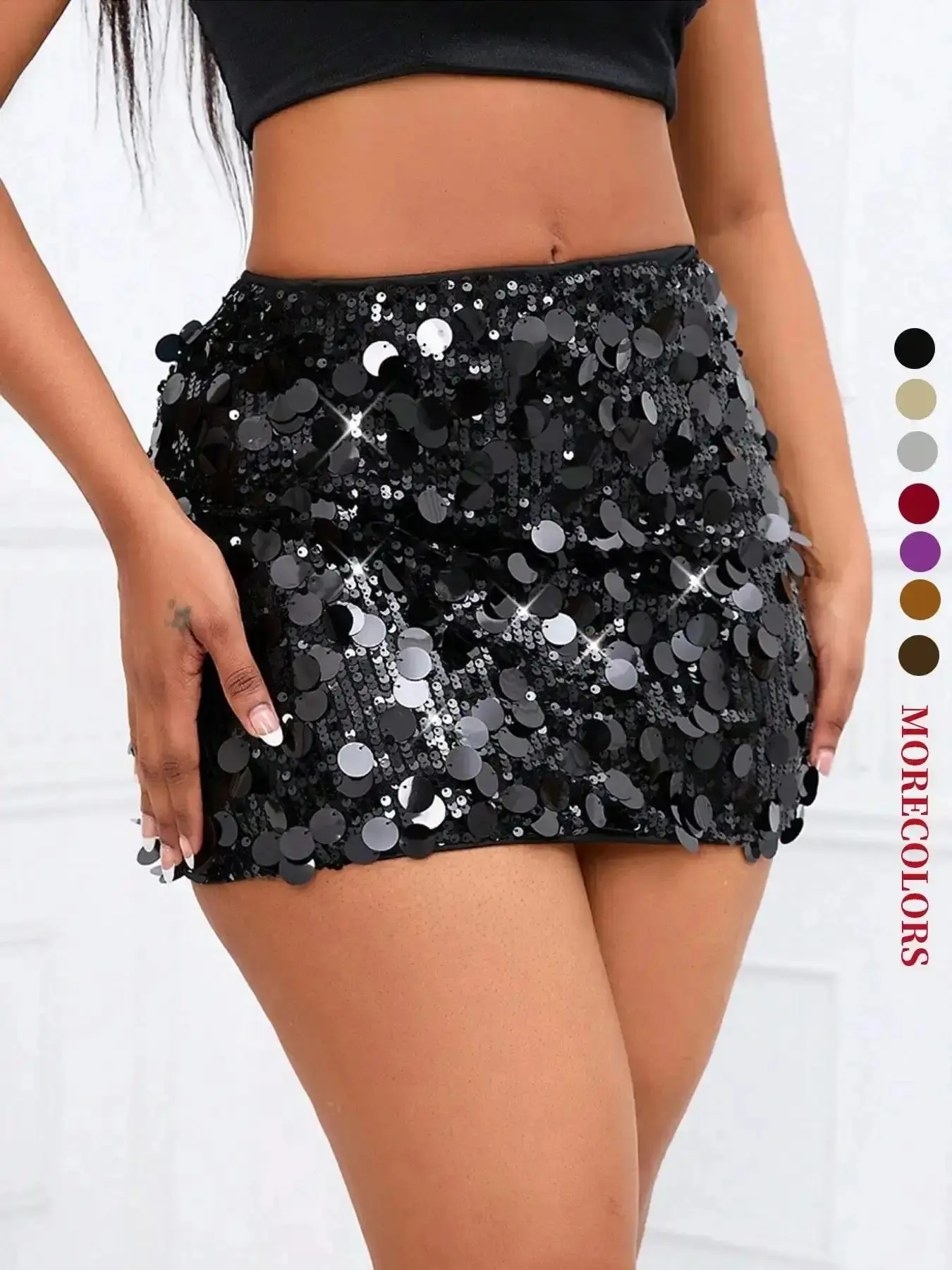 Women's Glitter Sequins Shimmer High Waist Short Mini Fit Skirt, Fashionable Culottes for Party Club Dating, Ladies Bottoms for All Seasons, Womenswear Round Neck Summer Dress T-Shirt Off Shoulder Wide Leg Pants