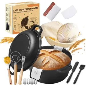 Pre-Seasoned Cast Iron Dutch Oven for Bread Baking - incl. Sourdough Bread-Baking Supplies like Proofing Basket, 2-in-1 Dutch Oven Pot with Skillet Lid and  Handles, Sour Dough Tools, Lame, 5QT