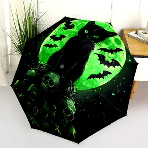1 PC Automatic Folding Umbrella - Halloween Black Cat Skulls Moon Bats Artwork Pattern, Portable & Foldable Design with 8 Ribs, Merry Christmas Pattern,Casual Outdoor Accessory Halloween and Christmas Birthday Gifts. A0014