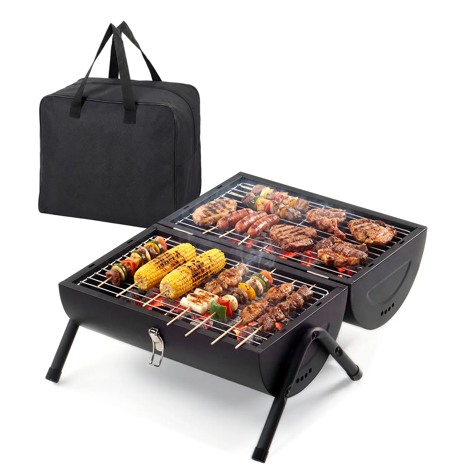 Compact Metal Portable Charcoal Barbecue Grill, 2-Side Carbon Griller for Backyard Cookout, Tabletop BBQ Stove for Camping