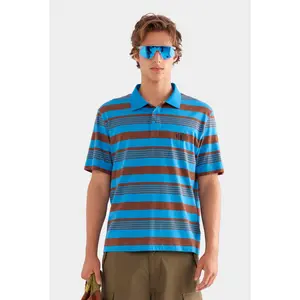 Short Sleeve Striped Cotton Polo - Bright Blue/Chocolate Stripe