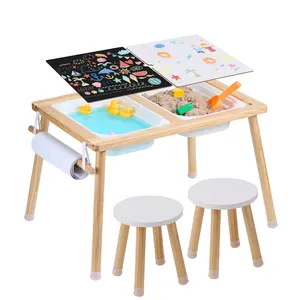 VEVOR Sensory Table and Chairs Set, Toddlers Activity Table with 2 Stools, 2 Storage Bins Paper Roll Holder, Indoor/Outdoor Play Sand and Water Table, Wooden Kids Sensory Table - Gift for Boys Girls