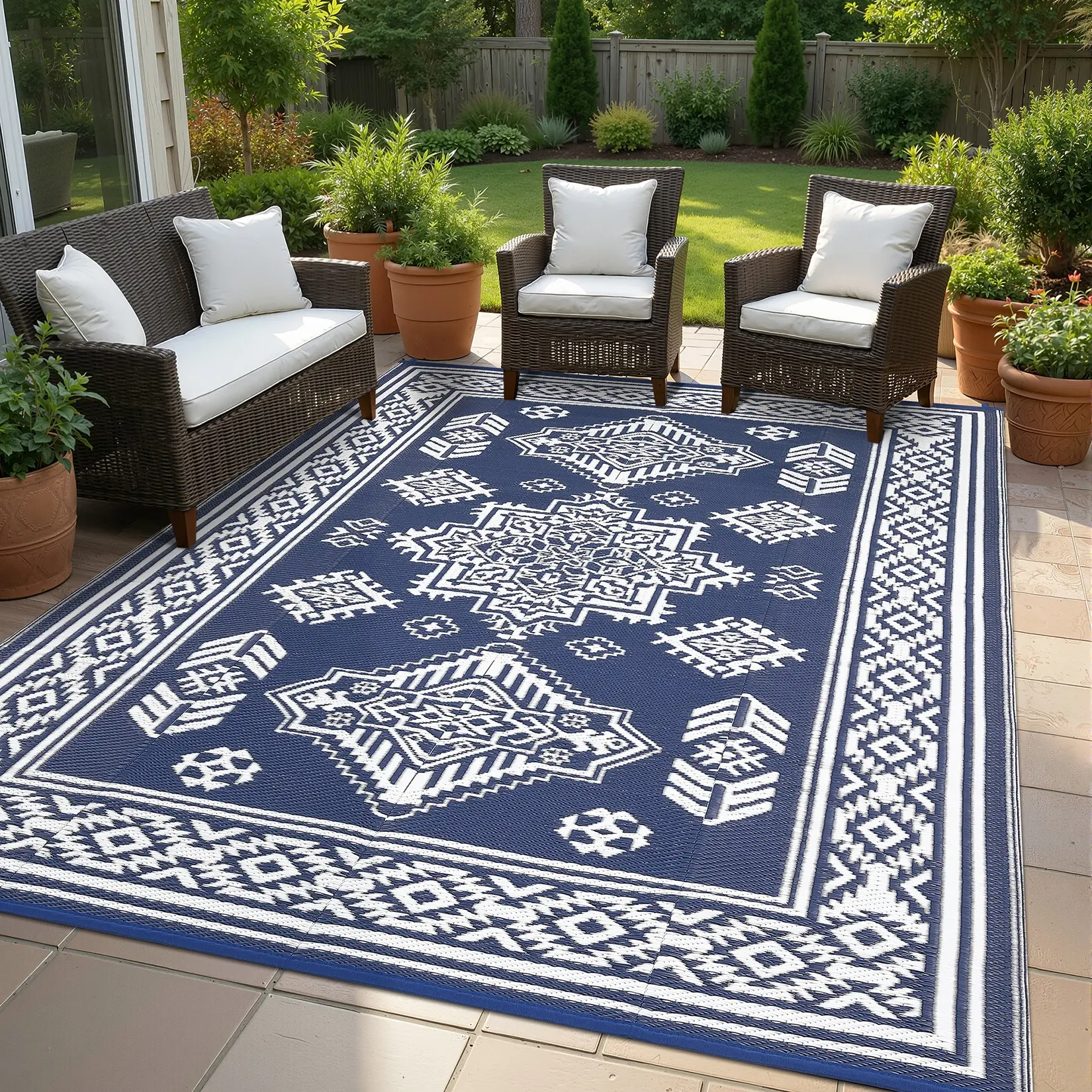 Large-size Outdoor Waterproof Rug with Retro Border and Print Foldable for Indoor and Outdoor Use Washable for RVs Terraces Balconies Beaches and Patios