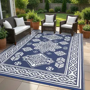 Large-size Outdoor Waterproof Rug with Retro Border and Print Foldable for Indoor and Outdoor Use Washable for RVs Terraces Balconies Beaches and Patios