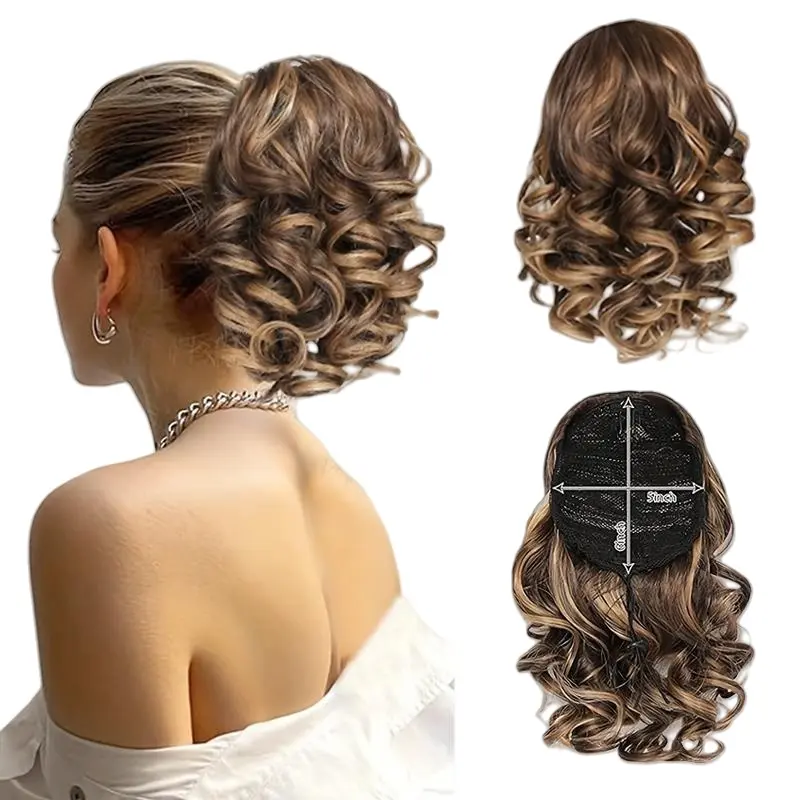 ZIHAN Female Short Curly Wavy Texture Clip-In Ponytail Extension, Synthetic Hairpiece with Secure Clips for Quick Volume Boost, Easy to Wear for Daily/Events, Clip Hair Extensions, Curly Wave