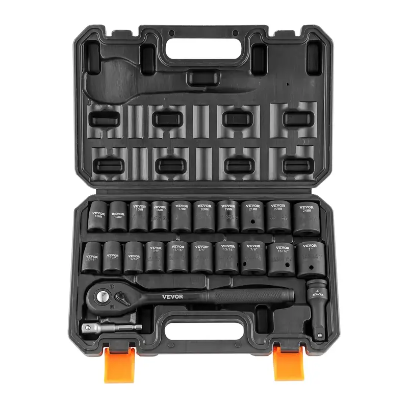 SucceBuy 23PCs 1/2" Drive Impact Socket Set Socket Set SAE (7/16" -1")& Metric (13-24mm) 6 Point Cr-V Alloy Steel Auto Repair