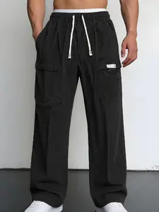 Men’s  Cargo Workwear Joggers/Training  — Summer Solid Color, Straight- - Street Style Basic Fashion, with Pockets gym fitness bottom clothing  men Casual - Drawstring Pants Wide Leg Loose Fit Sweatpants slacks
