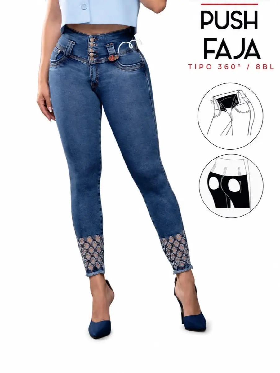 Jeans Colombian Women’s Colombian High-Waisted Push-Up Skinny Jeans with 360° Shapewear and Embroidered Ankles – Medium Blue Stretch Denim