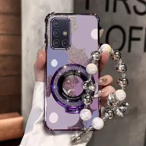 A51 4G Impact Resistant Transparent Magnetic Glitter Pearl Strap Lanyard Phone Holder Case For Compatible With Samsung Galaxy A51 4G Large Purple Flowers Stand Cover