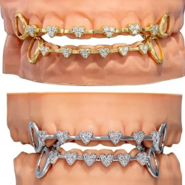 Sweet Cool Style Diamond Studded Heart Tooth Gems Shiny Dental Fashion Body Jewelry Copper Golden Orthodontic Accessories