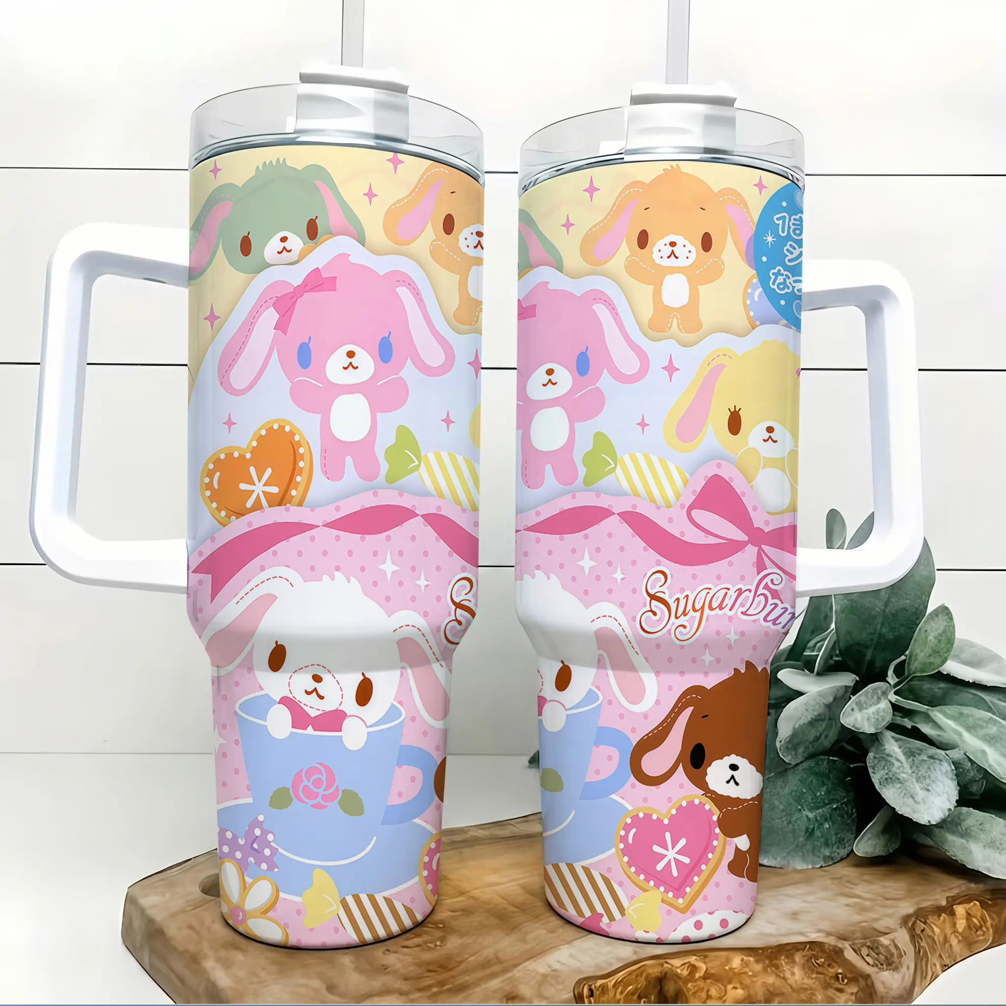 Sugarbunnies Kawaii Bunny 40oz Tumbler with Handle and Straw Pastel Pink Cute Rabbit Cartoon Art 304 Stainless Steel Insulated Travel Mug Keeps Cold 24H Hot 12H Large Capacity Coffee Water Cup for Girls Kids Teens School Car Office