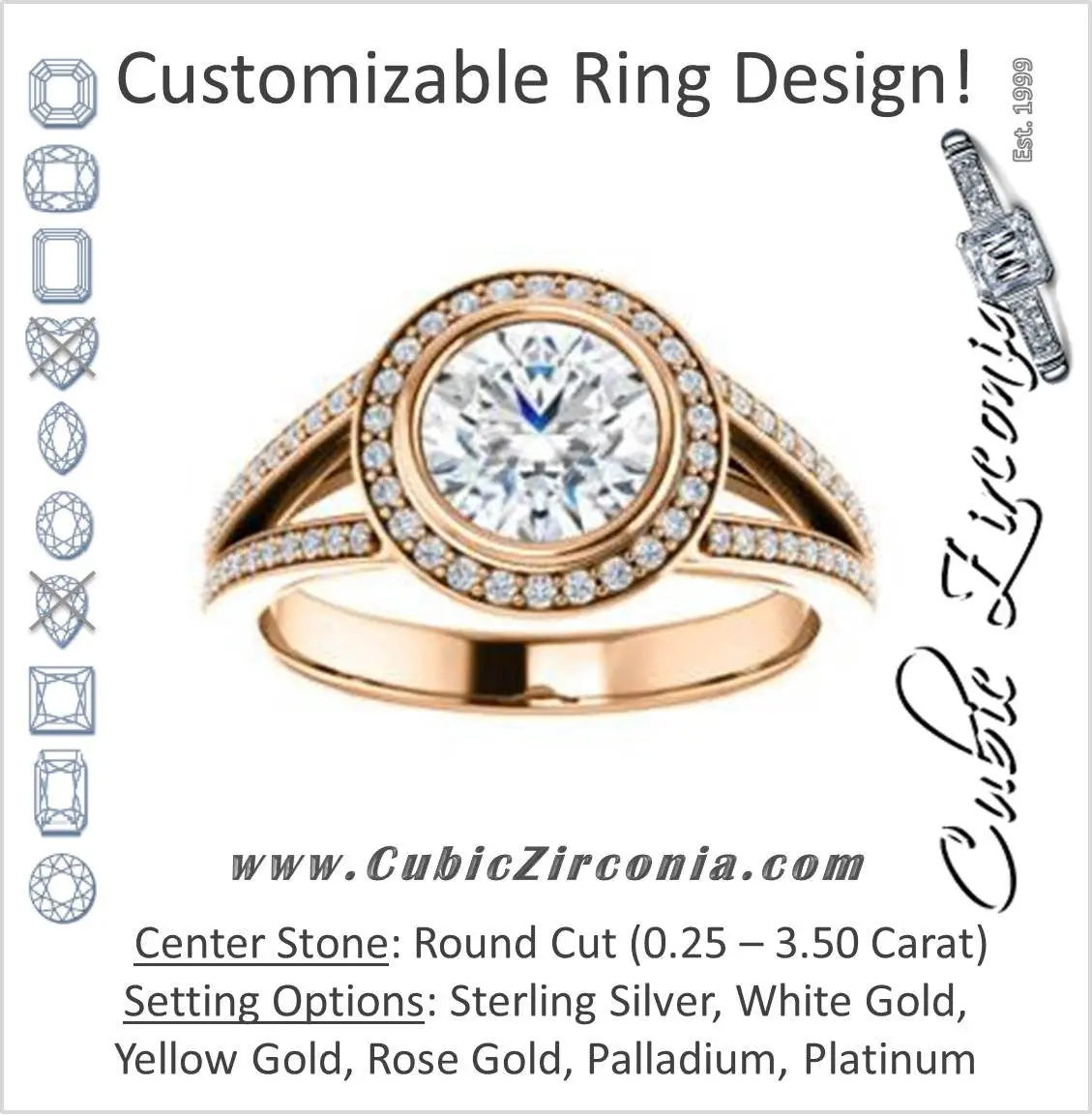 Cubic Zirconia Engagement Ring- The Maritza (Customizable Bezel-Halo Round Cut Style with Pavé Split Band & Euro Shank)