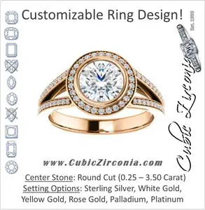 Cubic Zirconia Engagement Ring- The Maritza (Customizable Bezel-Halo Round Cut Style with Pavé Split Band & Euro Shank)