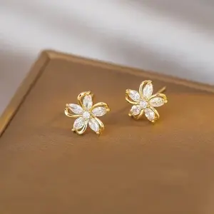 Fashion Five-Petal Zircon Flower Earrings, Elegant & Dainty Delicate Stud Earrings