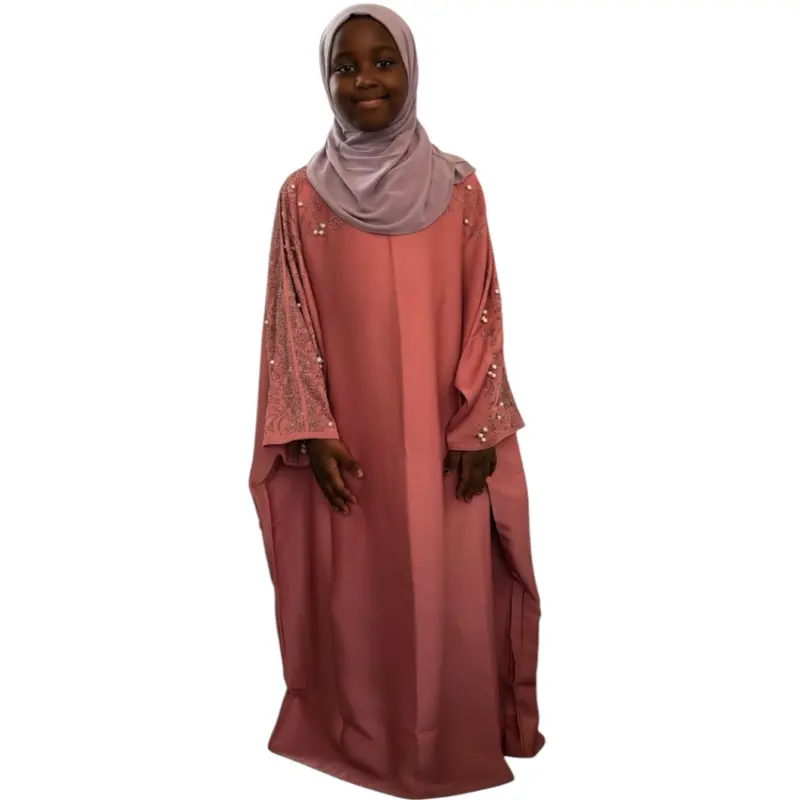 KidMouna Wide Neck Abaya Beaded - Pink Color
