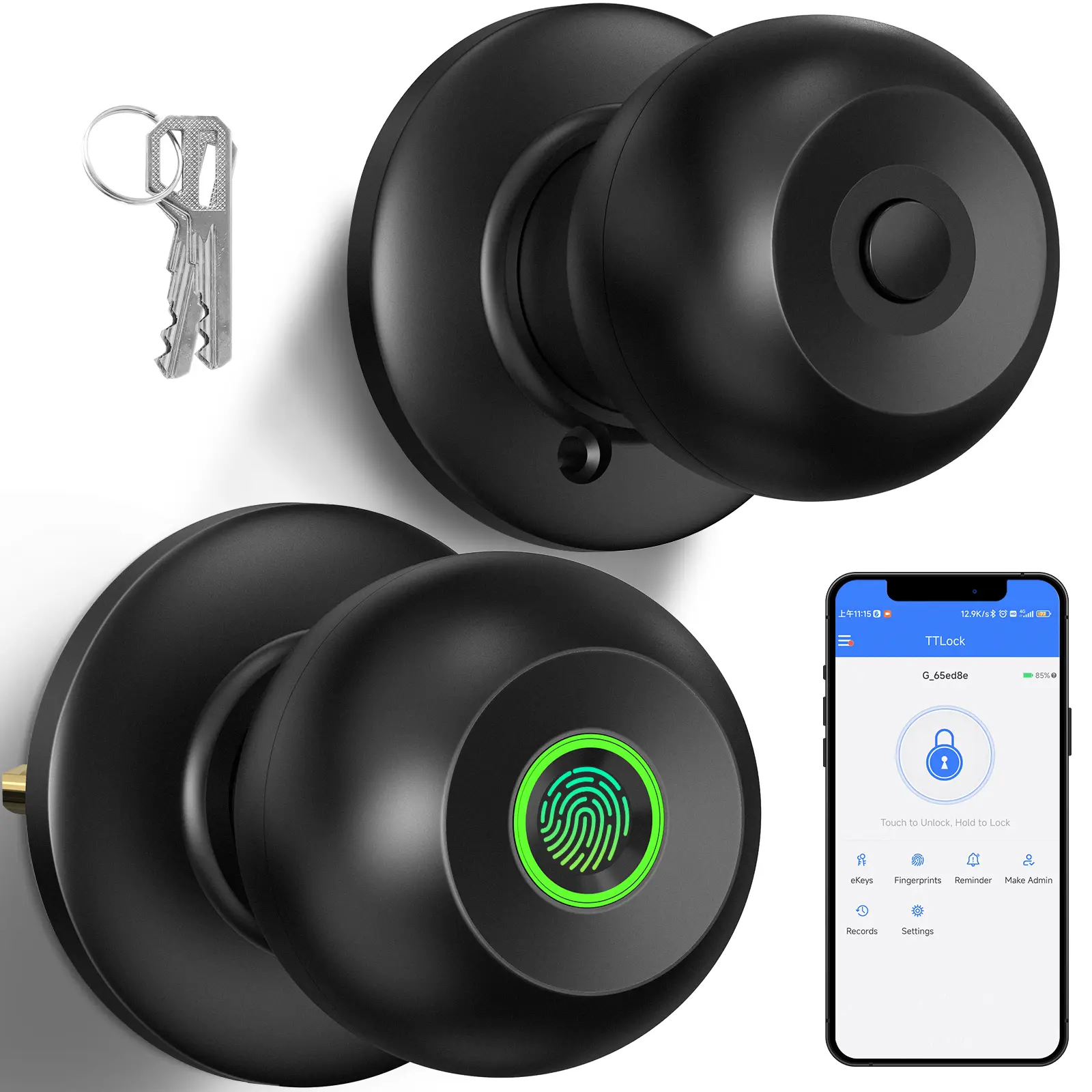52HZ Fingerprint Door Knob with Lock, Smart Lock for Bedroom Door, Thumbprint Keyless Entry, Biometric Door Lock with App Control & Key Hardware