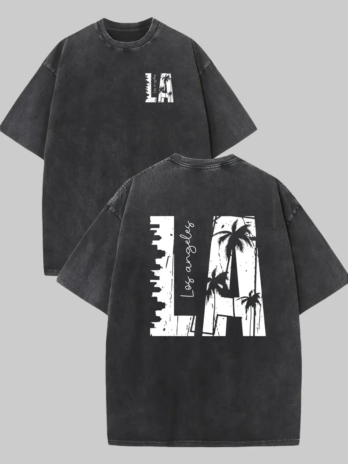 [BT] LA Los Angeles Palm Tree City Skyline Vintage Washed Oversized California Streetwear, Men's Vintage Palm Tree Graphic T-Shirt - 230GSM Heavy Washed Cotton Short Sleeve Shirt, Double-Sided Retro California Beach Design for Streetwear, Outdoor & Travel