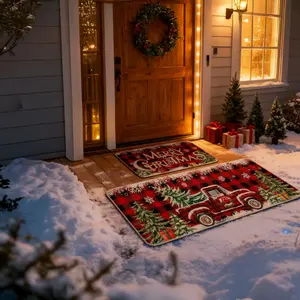 2 Piece Christmas Kitchen Floor Mat, Christmas Kitchen Rug Farmhouse Truck Red Buffalo Plaid Christmas Kitchen Decor - Bathroom, Home, Indoor Christmas Decor, Holiday Floor Mat