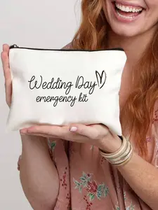 Bride Wedding Day Emergency Makeup Bag, Personalized Polyester Cosmetic Pouch, Lightweight Zipper Storage, Foldable, Fashion Toiletry Bag