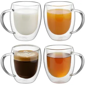 4 Pack 12oz Double Walled Insulated Heat Resistant Clear Glass Coffee Mugs with Handle for Hot or Cold Beverages Tea Cappuccino Latte Milk