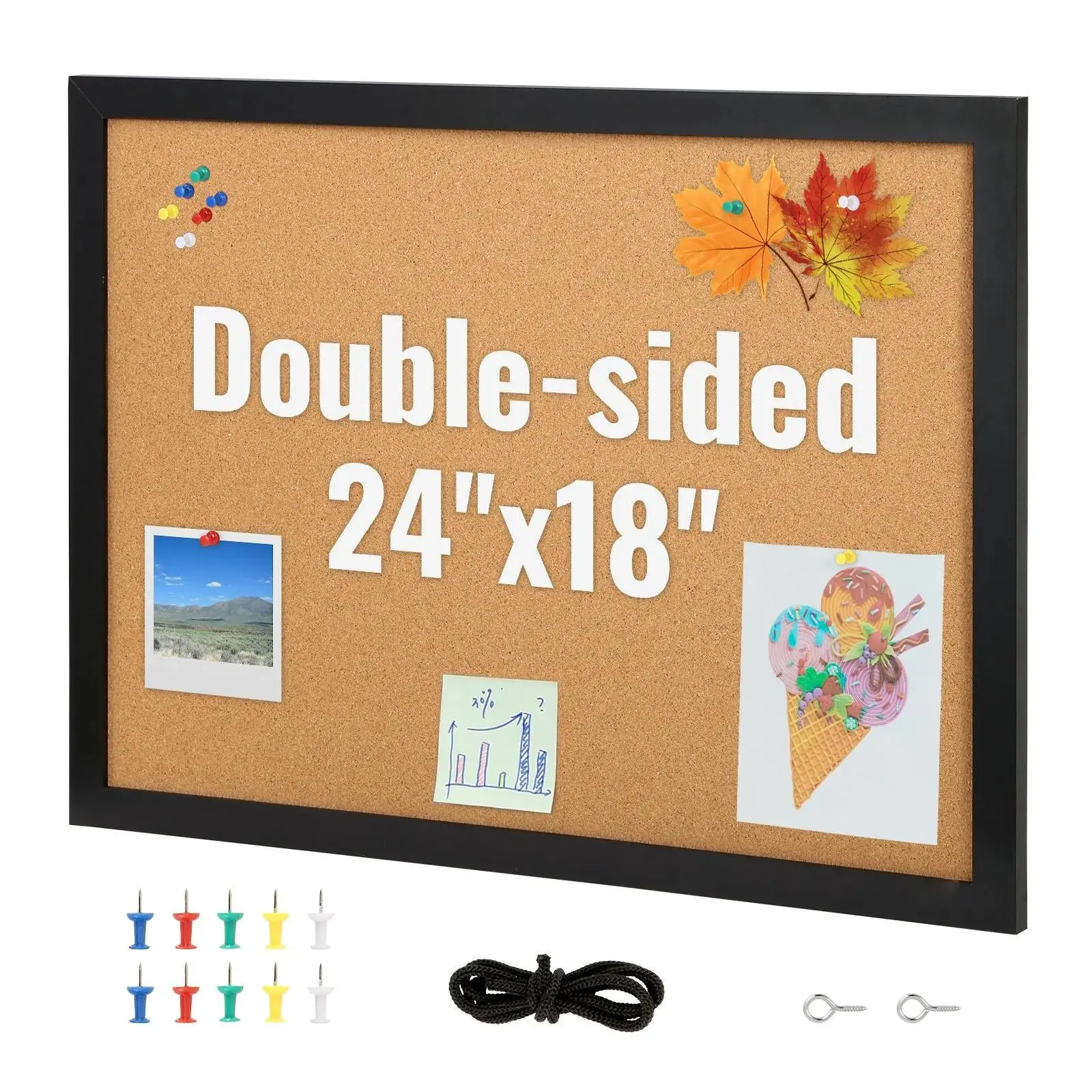 24 x 18 Inch Double-Sided Cork Board, High-Density Wall Bulletin Board with Black MDF Sticker Frame, Reusable Pinhole-Free Vision Board, Includes 10 Pushpins, Horizontal & Vertical Mount for Home Office School Display Decoration