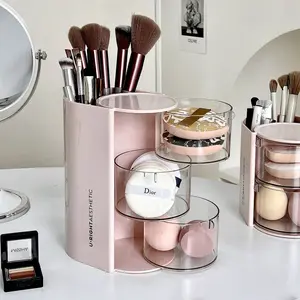Powder Puff Storage Box, Rotating Dustproof Multilayer Storage Cosmetic Makeup Organizer for Vanity Table, Beauty Sponge, Cushion, Lipstick, and Makeup Brush Storage Rack
