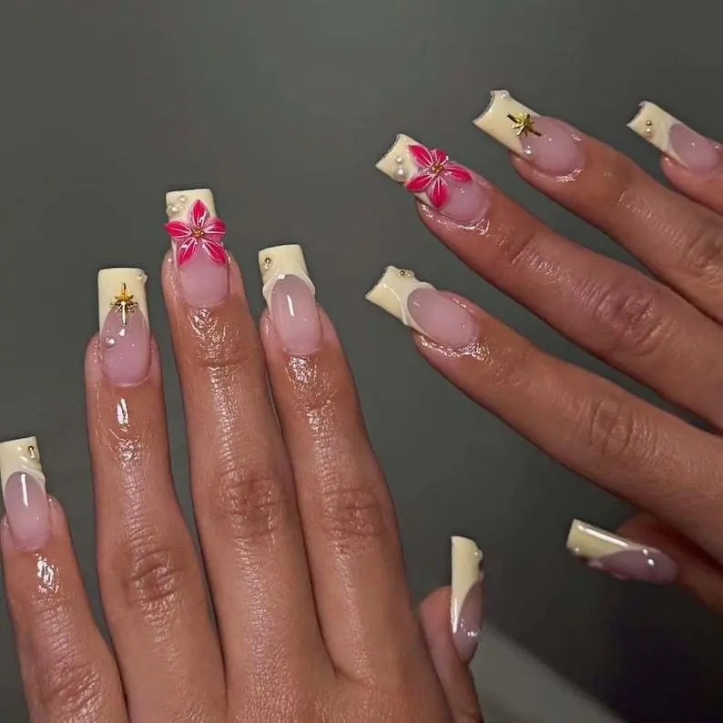 Hand Painted Floral French Square Press On Nails: 3D Acrylic Pink Nails