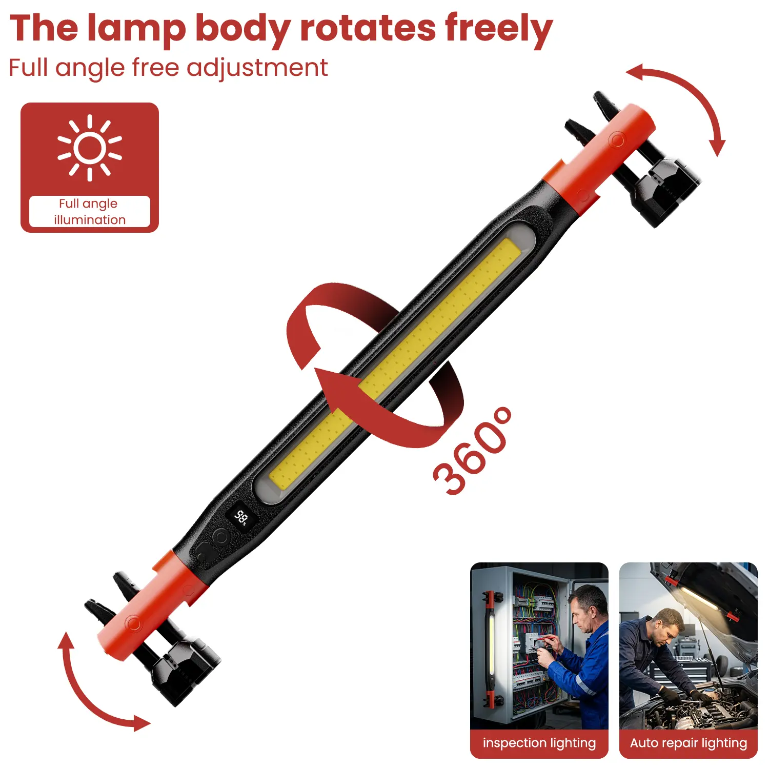 Magnetic LED Work Light Bar, Rechargeable Car Repair Inspection Lamp, 360° Adjustable Mechanic Garage Light