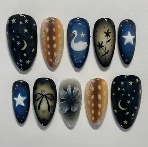 S135 Dreamy Swan Night Press-On Nails, Moon & Stars Theme, 3D Flower Accent, Custom Handmade, Solana Nails Town