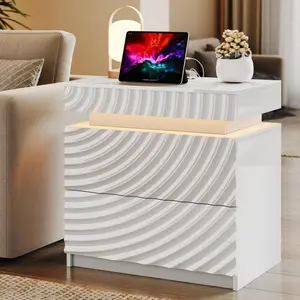 Dystler LED Nightstand with Charging Station 3-Color LED Lights Human Sensor 3 Drawers Storage USB Type-C Ports Modern Bedside Table for Bedroom