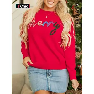 Women's Christmas Letter Print Drop Shoulder Sweater, Casual Long Sleeve Round Neck Jumper for Fall & Winter, Fashion Ladies' Knitwear for Daily Wear